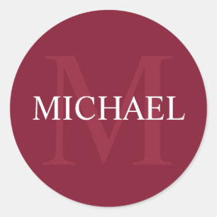 Personalised Monogram and Name Burgundy Red Classic Round Sticker