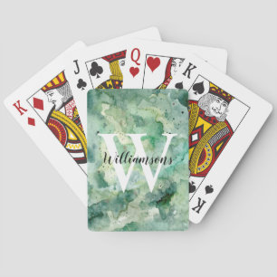 Personalised Monogram and Name Green Watercolor Playing Cards