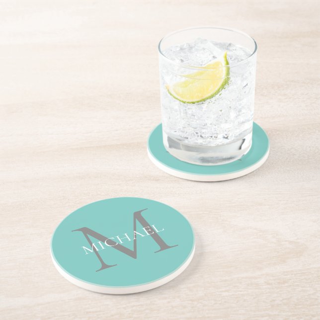 Personalised Monogram and Name Light Teal Coaster (Side)