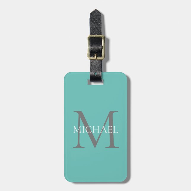 Personalised Monogram and Name Light Teal Luggage Tag (Front Vertical)