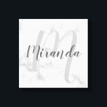Personalised Monogram and Name Marble Canvas Print<br><div class="desc">Personalised Monogram and Family Name Gift
featuring name in grey modern script font style and monogram in light grey modern script font style as background on white marble background.</div>