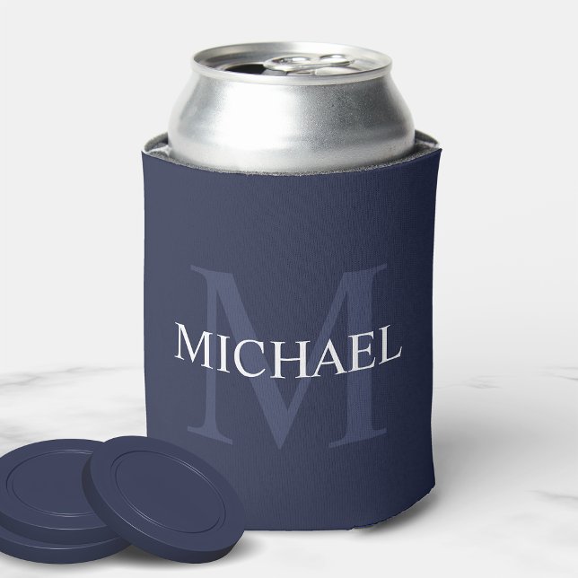 Personalised Monogram and Name Navy Blue Can Cooler (Creator Uploaded)