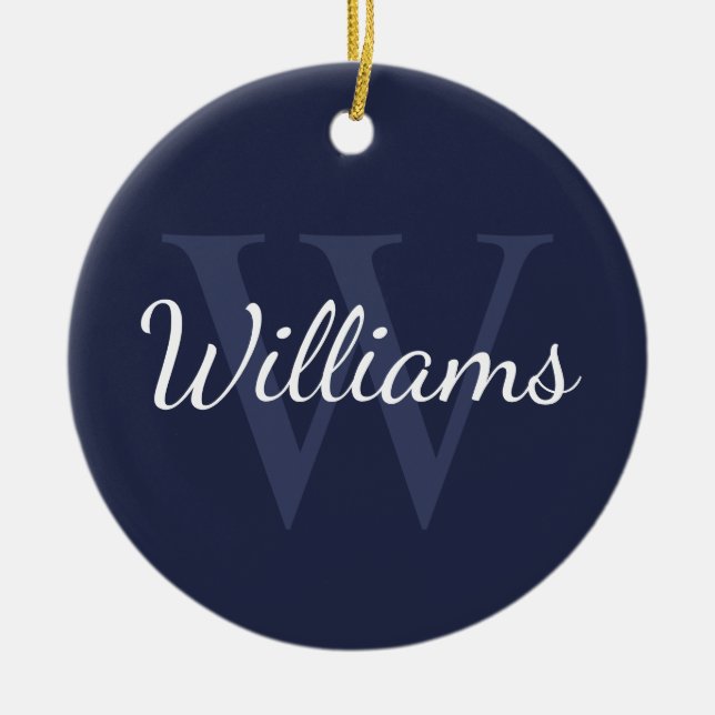Personalised Monogram and Name Navy Blue Ceramic Tree Decoration (Front)