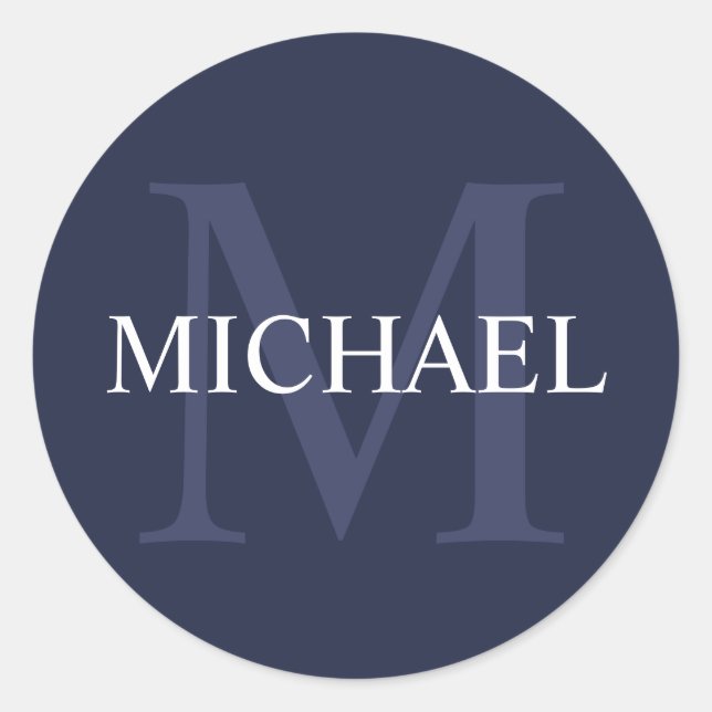 Personalised Monogram and Name Navy Blue Classic Round Sticker (Front)