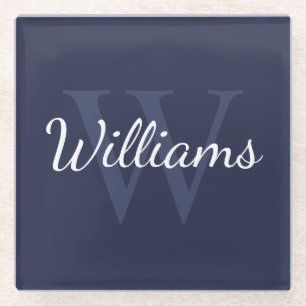 Personalised Monogram and Name Navy Blue Glass Coaster