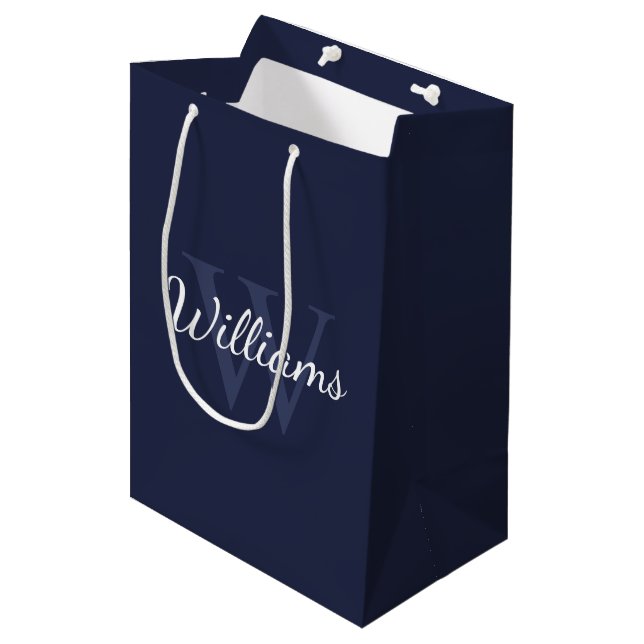 Personalised Monogram and Name Navy Blue Medium Gift Bag (Front Angled)