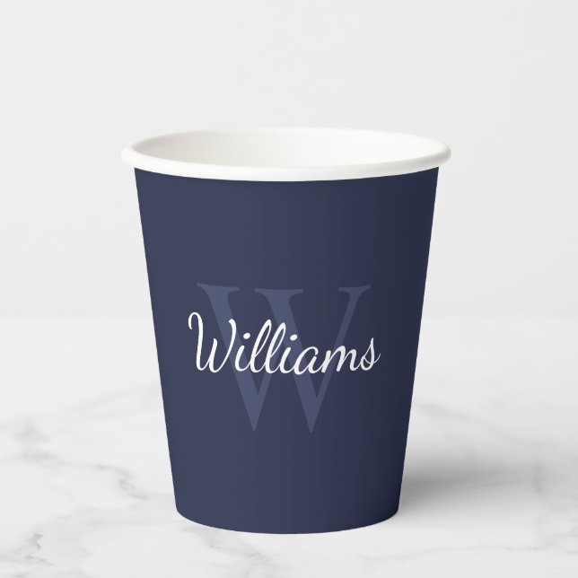 Personalised Monogram and Name Navy Blue Paper Cups (Front)