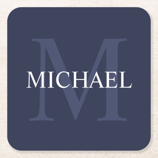 Personalised Monogram and Name Navy Blue Square Paper Coaster (Front)