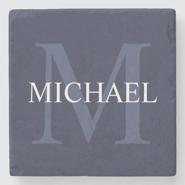 Personalised Monogram and Name Navy Blue Stone Coaster (Front)