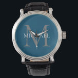 Personalised Monogram and Name Ocean Blue Watch<br><div class="desc">Personalised Elegant Monogram and Name Gifts featuring personalised monogram in classic serif font style with box of name in the middle of monogram.</div>