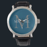Personalised Monogram and Name Ocean Blue Watch<br><div class="desc">Personalised Elegant Monogram and Name Gifts featuring personalised monogram in classic serif font style with box of name in the middle of monogram.</div>