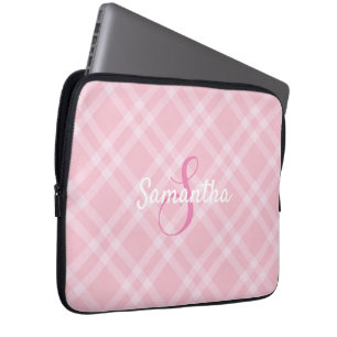 Personalised Monogram and Name Pink Plaid Gingham  Laptop Sleeve