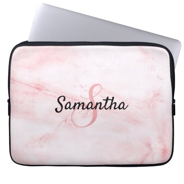 Personalised Monogram and Name Rose Pink Marble  Laptop Sleeve (Front)