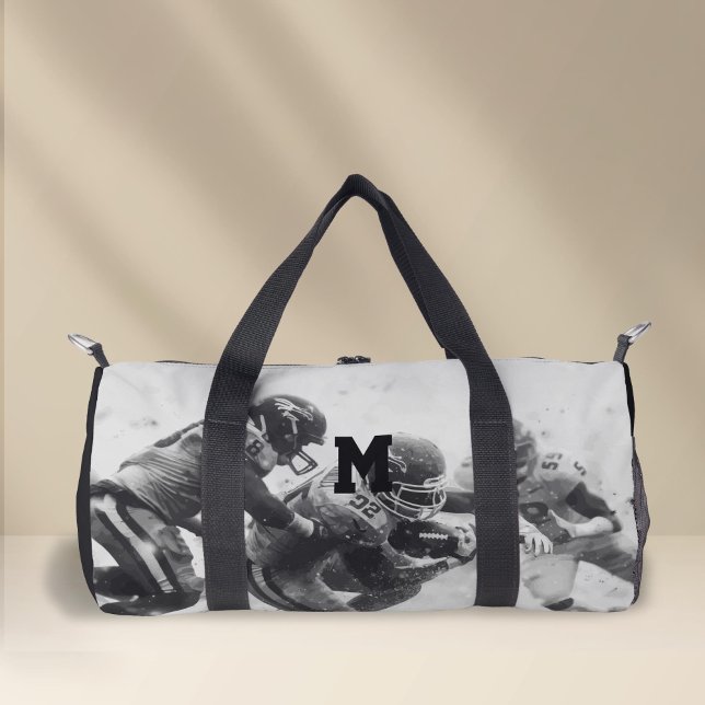 Personalised monogram, black and white football duffle bag (Personalized Monogram, Black and white Sport, Soccer Duffel Bag.)