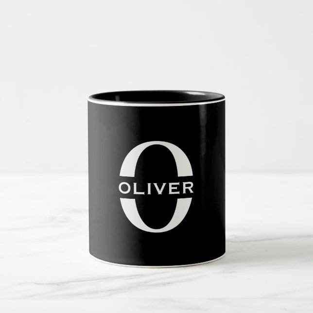 Personalised Monogram Black And White Name Two-Tone Coffee Mug (Center)