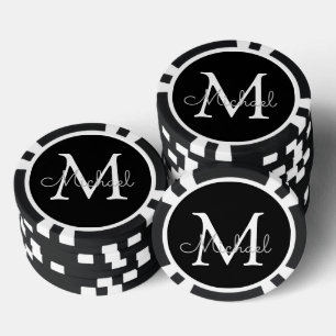 personalised monogram black and white simple poker chips
