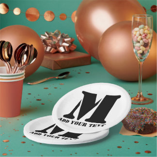 Personalised Monogram Black Custom Modern Text Paper Plate