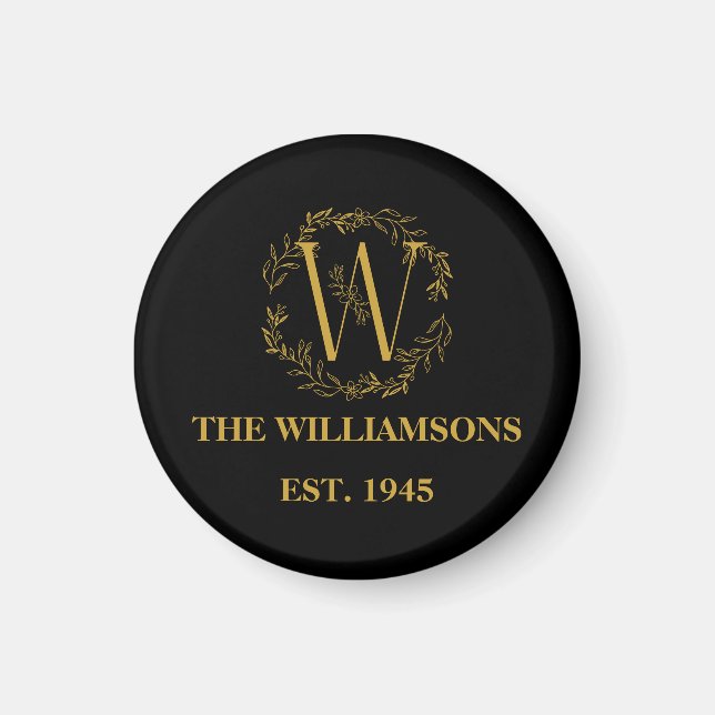 Personalised Monogram Black & Gold Family Initial Magnet (Front)