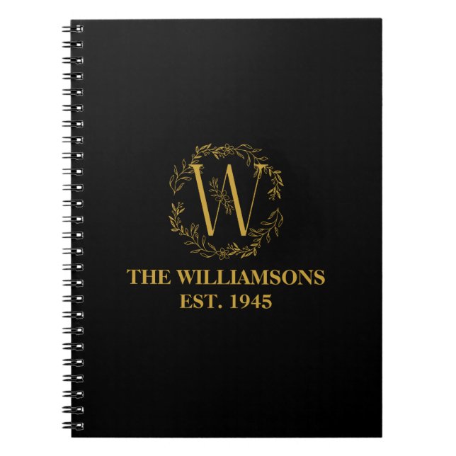 Personalised Monogram Black & Gold Family Initial Notebook (Front)