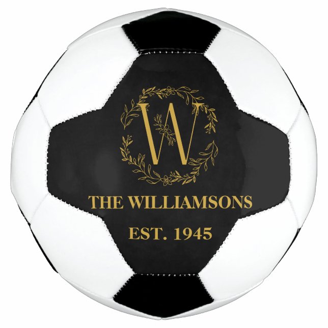 Personalised Monogram Black & Gold Family Initial  Soccer Ball (Front)