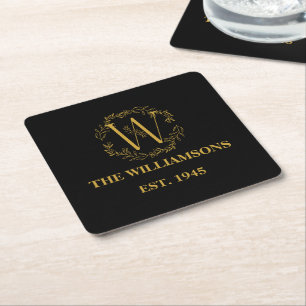 Personalised Monogram Black & Gold Family Initial Square Paper Coaster