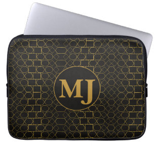 Personalised Monogram Black & Gold Geometric Gift Laptop Sleeve