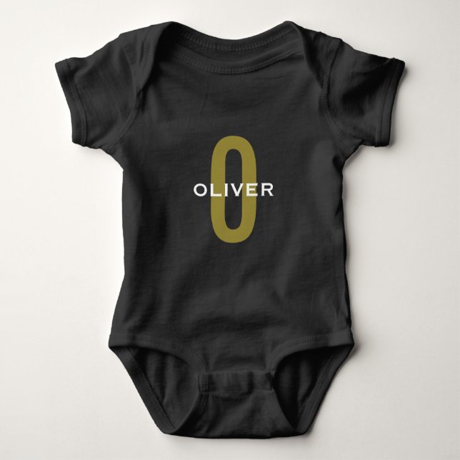 Personalised Monogram Black Gold White Name Baby Bodysuit (Front)