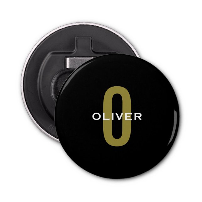 Personalised Monogram Black Gold White Name Bottle Opener (Front)