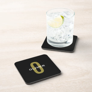Personalised Monogram Black Gold White Name Coaster