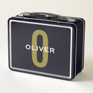 Personalised Monogram Black Gold White Name Metal Lunch Box
