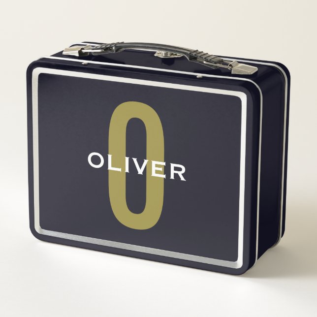 Personalised Monogram Black Gold White Name Metal Lunch Box (Back)
