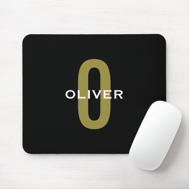 Personalised Monogram Black Gold White Name Mouse Pad (With Mouse)