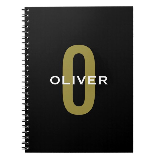 Personalised Monogram Black Gold White Name Notebook (Front)
