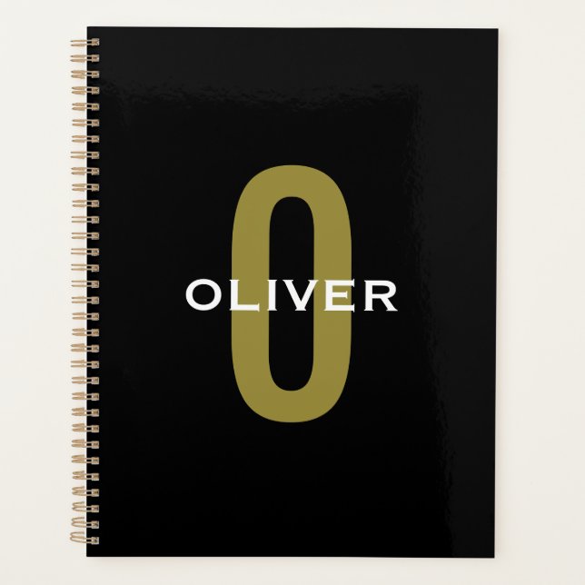 Personalised Monogram Black Gold White Name Planner (Front)