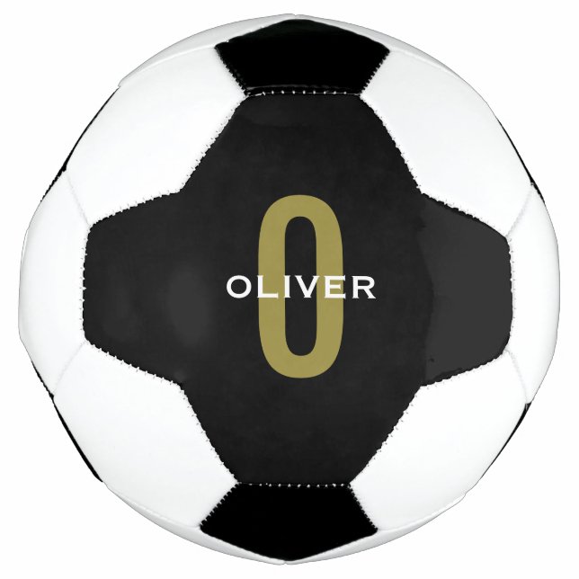 Personalised Monogram Black Gold White Name Soccer Ball (Front)