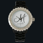 Personalised Monogram Black Initial Script Name Watch<br><div class="desc">An elegant modern personalised monogram featuring a black initial and script name. An elegant watch for her; wife,  daughter or granddaughter.</div>