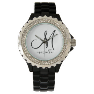 Personalised Monogram Black Initial Script Name Watch