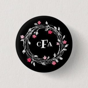Personalised Monogram Black & White Floral Wreath 3 Cm Round Badge