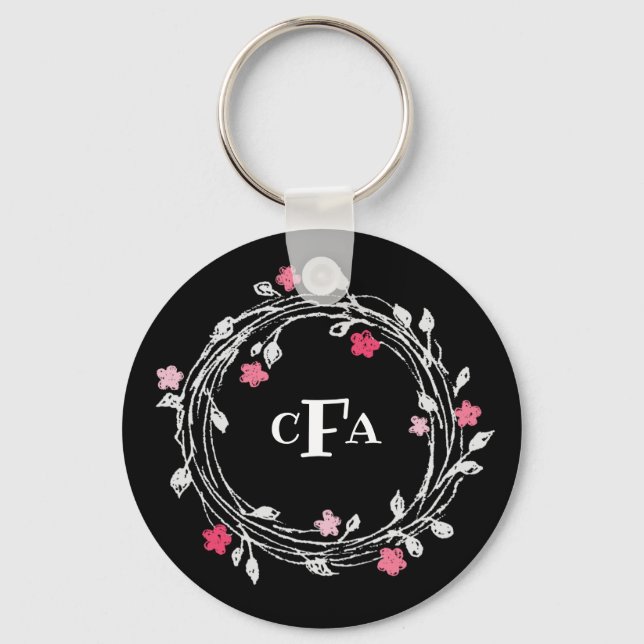 Personalised Monogram Black & White Floral Wreath Key Ring (Front)