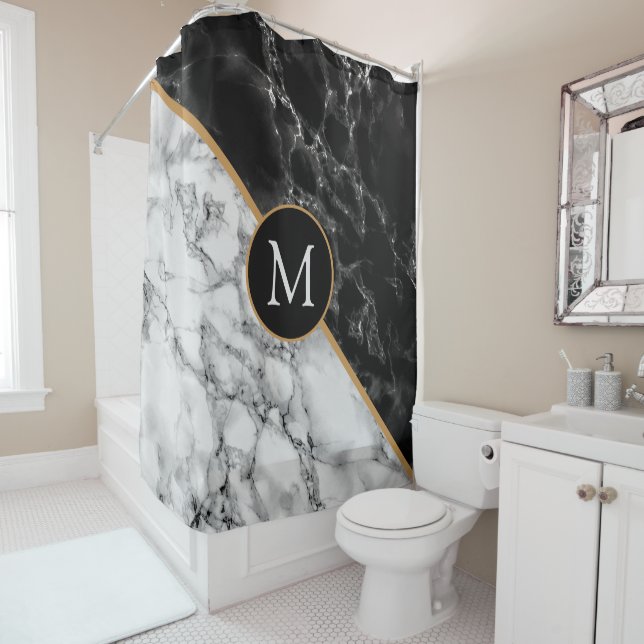 Personalised Monogram Black White Shower Curtain (In Situ)