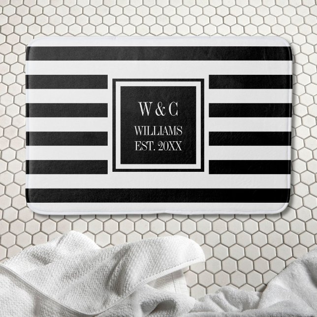 Personalised Monogram Black White Stripe Bath Mat (Creator Uploaded)