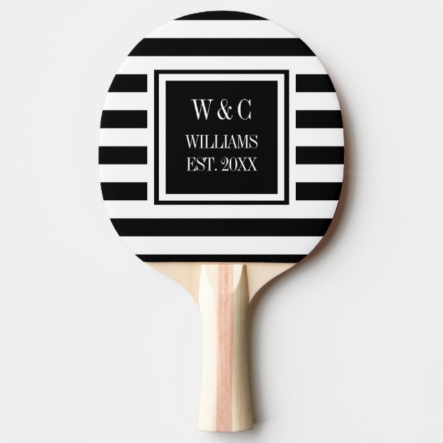 Personalised Monogram Black White Stripe Ping Pong Paddle (Front)