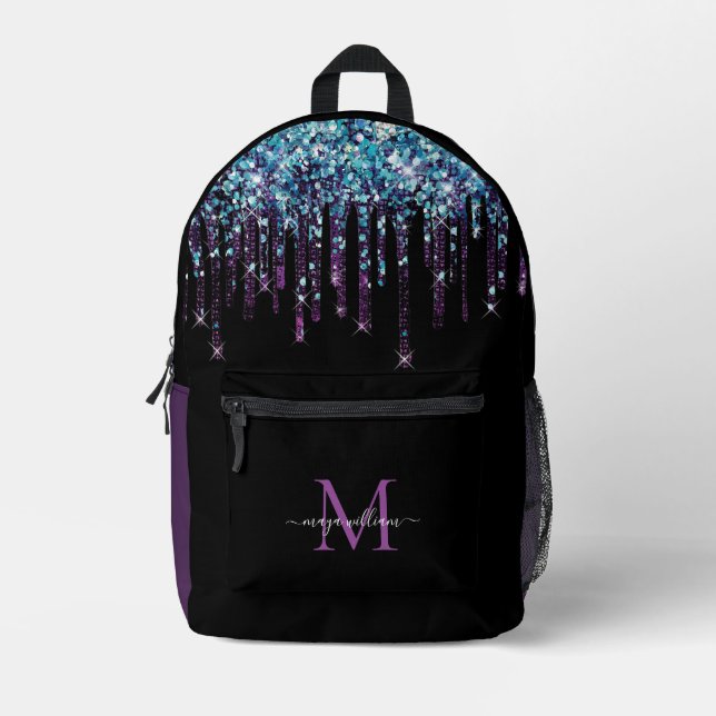 Personalised Monogram Blue Agate Glitter Printed Backpack (Front)