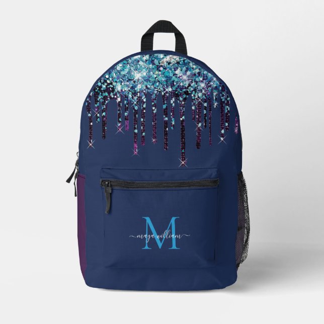 Personalised Monogram Blue Agate Glitter Printed Backpack (Front)