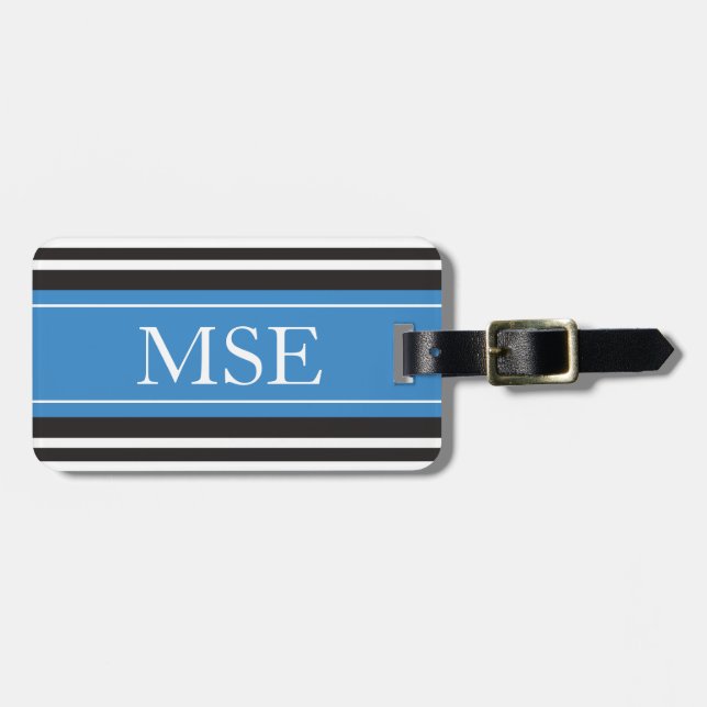 Personalised Monogram Blue Black Stripes Pattern Luggage Tag (Front Horizontal)