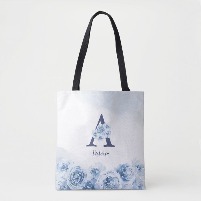 Personalised monogram blue floral bridesmaid tote bag (Front)