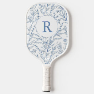Personalised Monogram Blue Floral French Toile Pickleball Paddle