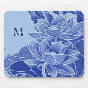 Personalised Monogram Blue Flowers Lotus Mandala Mouse Pad