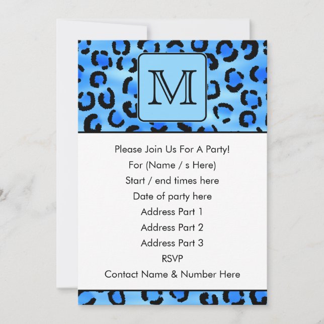 Personalised Monogram, Blue Leopard Print Pattern. Invitation (Front)