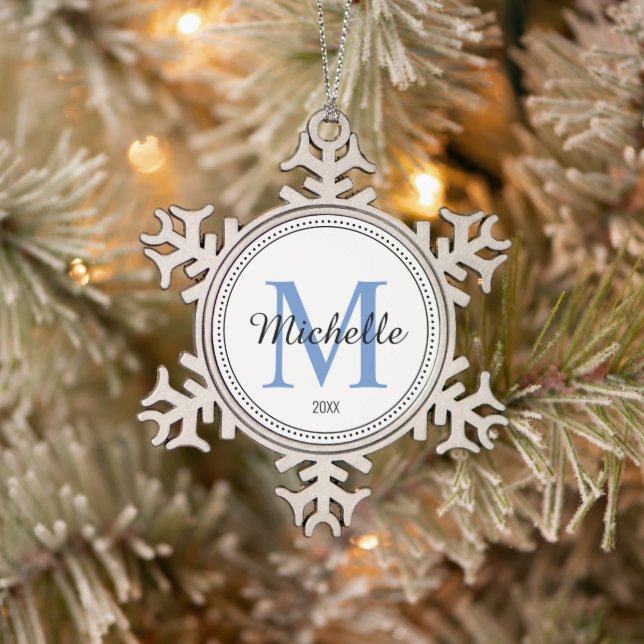 Personalised Monogram Blue Snowflake Pewter Christmas Ornament (Tree)